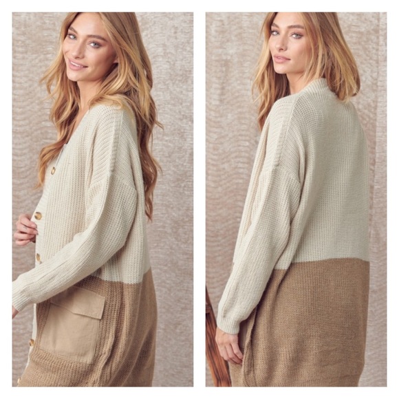 Knit Fall Neutral Cardigan Taupe Color Block Long Pocket Cardigan - Picture 5 of 11